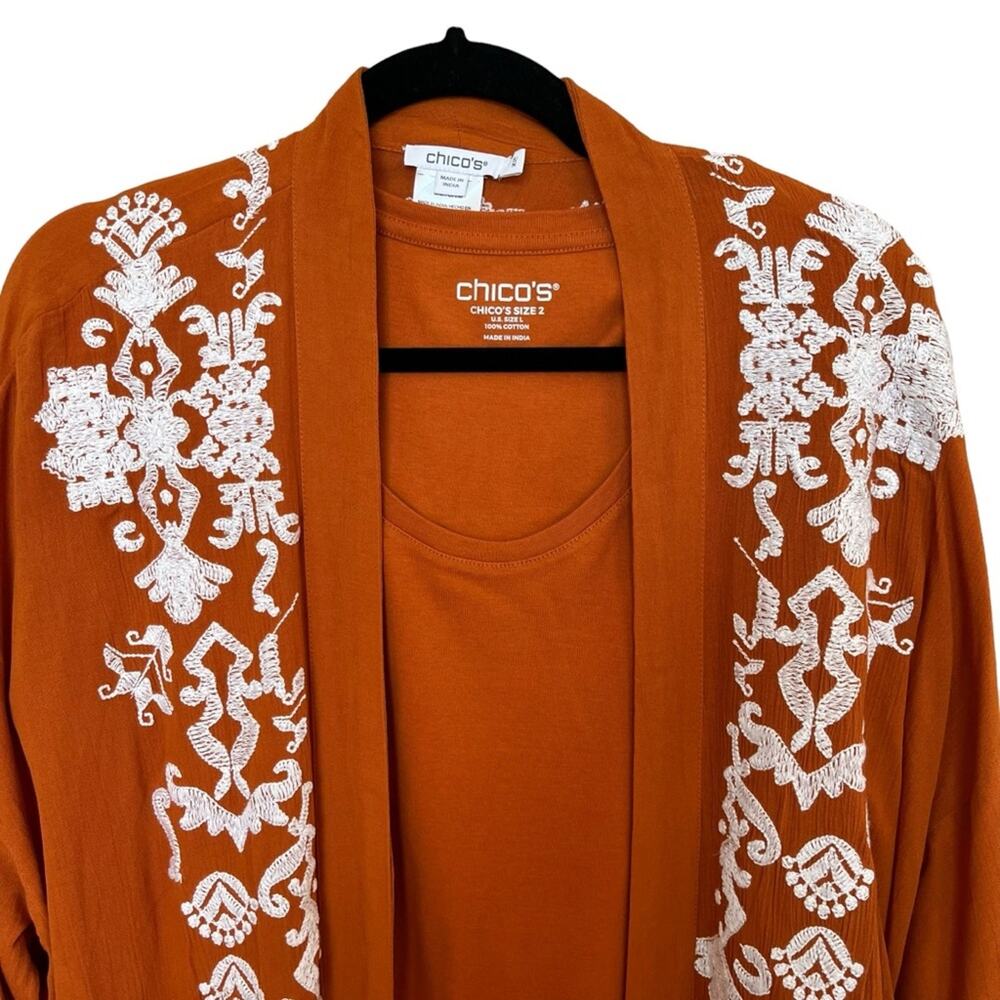 Chicos Kimono Matching Shirt Sm/Medium Rust Ivory Applique Jacket Ruana Jacket - Picture 2 of 15